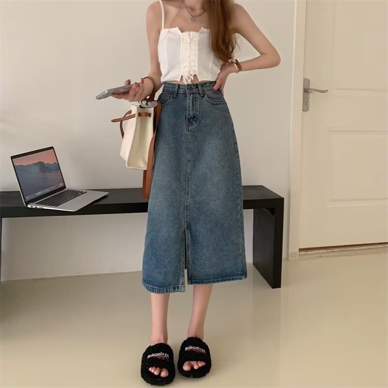 High Waist Denim Maxi Skirt