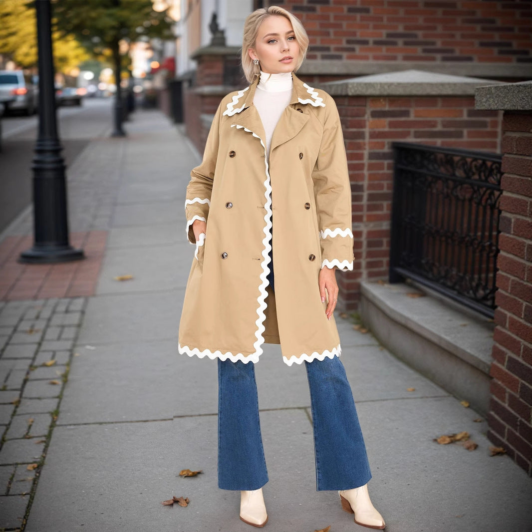 Beige Double-Breasted Trench Coat with White Wave Trim for Women