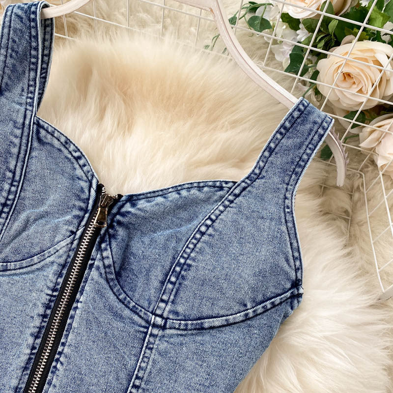 Women’s Denim Two Piece Skirt Set with Zipper Crop Top