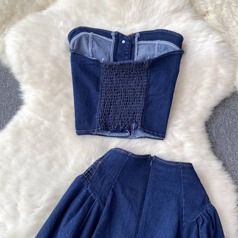 High Waist Denim Two Piece Skirt Set with Bustier Top for Women