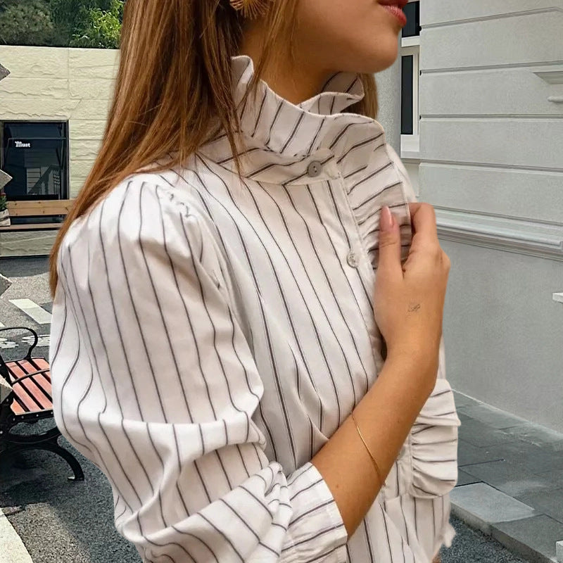 Beige Brown Women's Striped Button Down Shirt