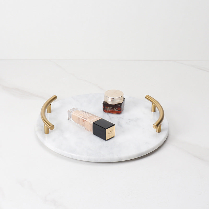 Natural Marble Round Jewelry Tray with Gold Metal Handles
