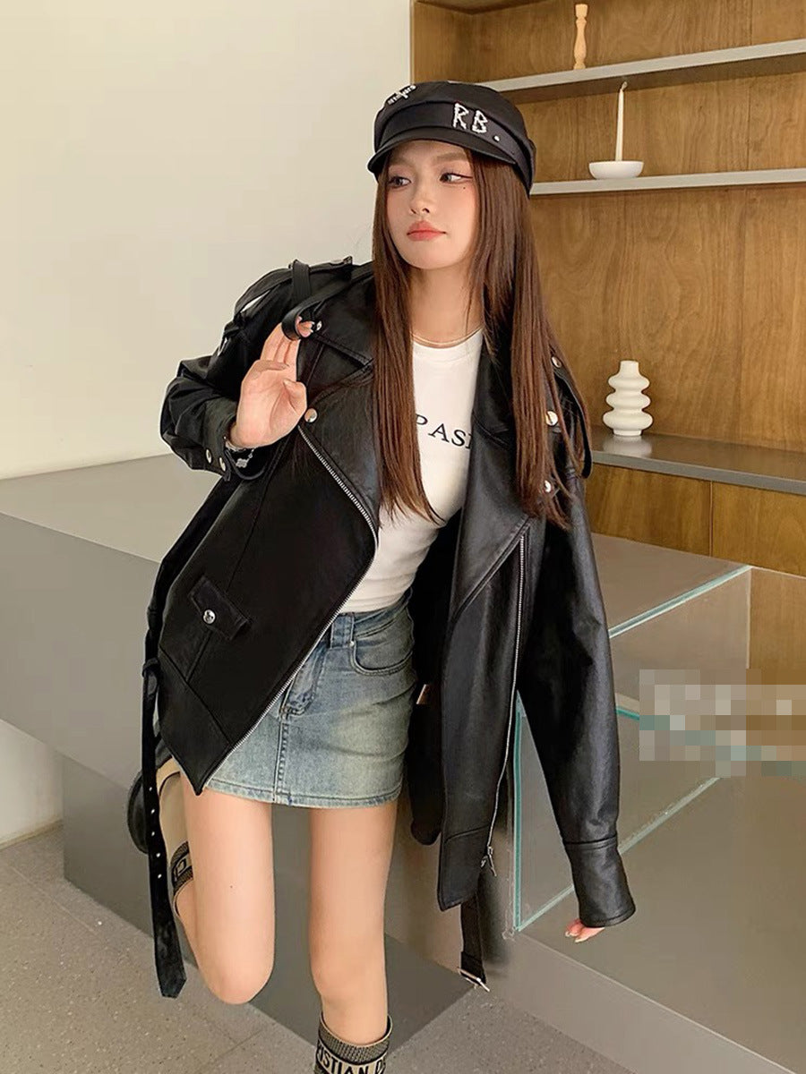Women Oversized Genuine Leather Motorcycle Jacket Retro Washed