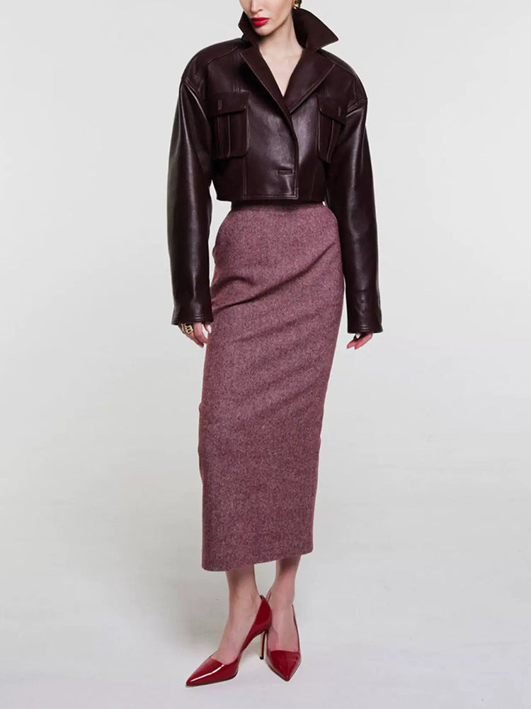 Women Leather Jacket Cropped Maroon Workwear Coat