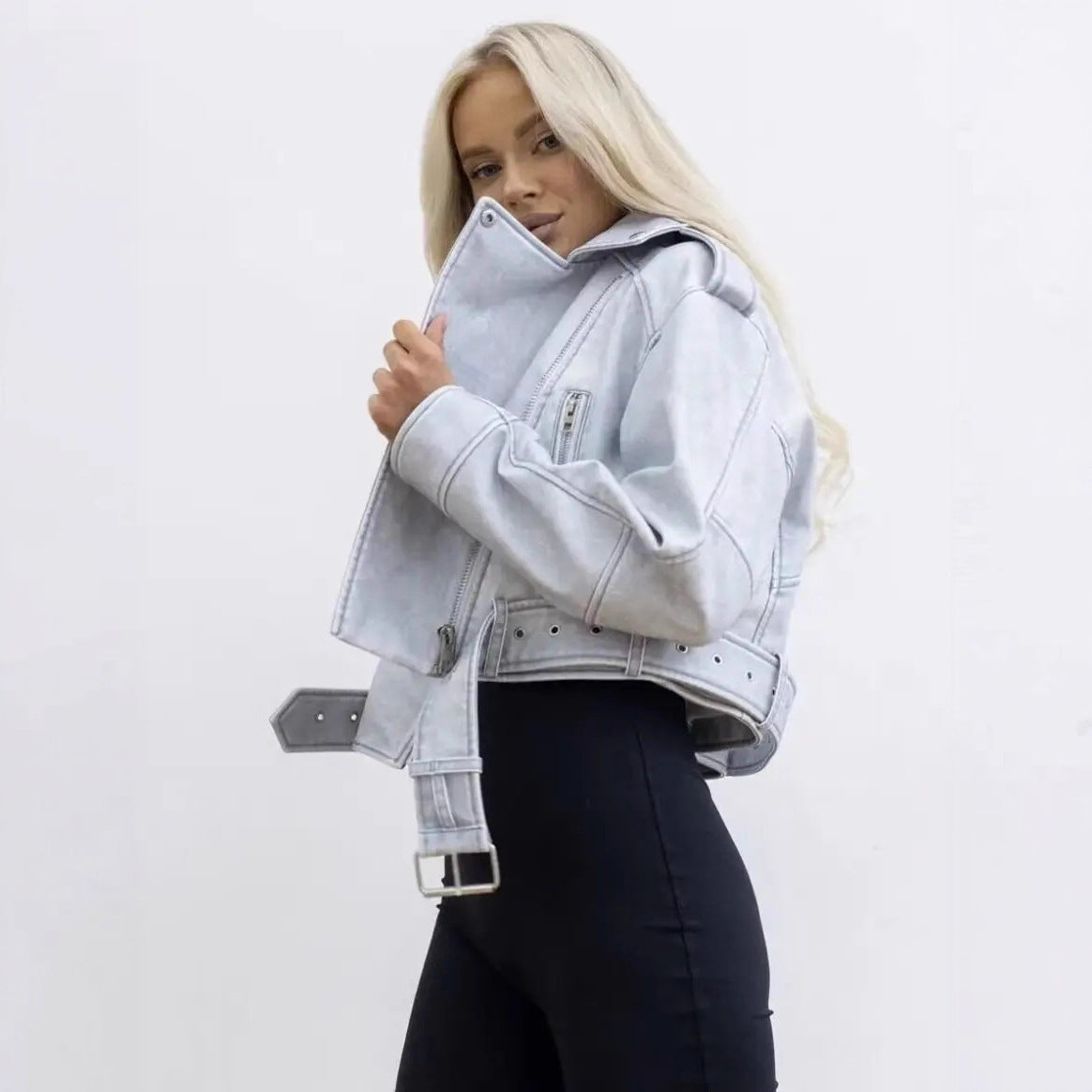 Women’s Short Faux Leather Motorcycle Jacket with Waist Belt