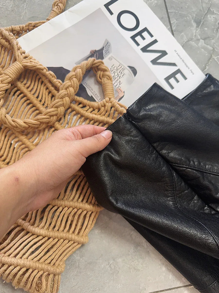 Women’s Genuine Leather High Waist Midi Skirt with Slit