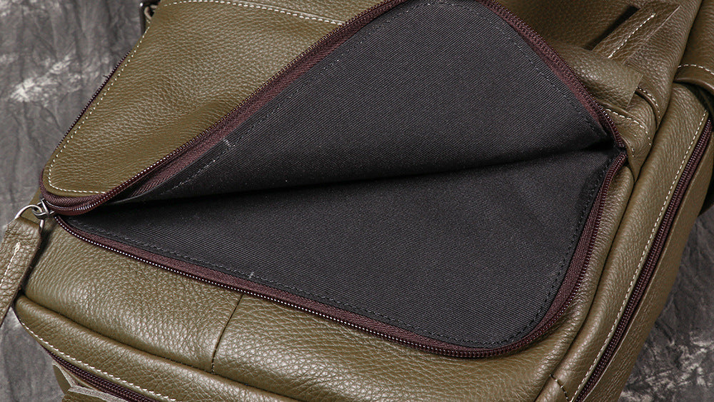 Genuine Leather Backpack Army Green 15 Inch Laptop