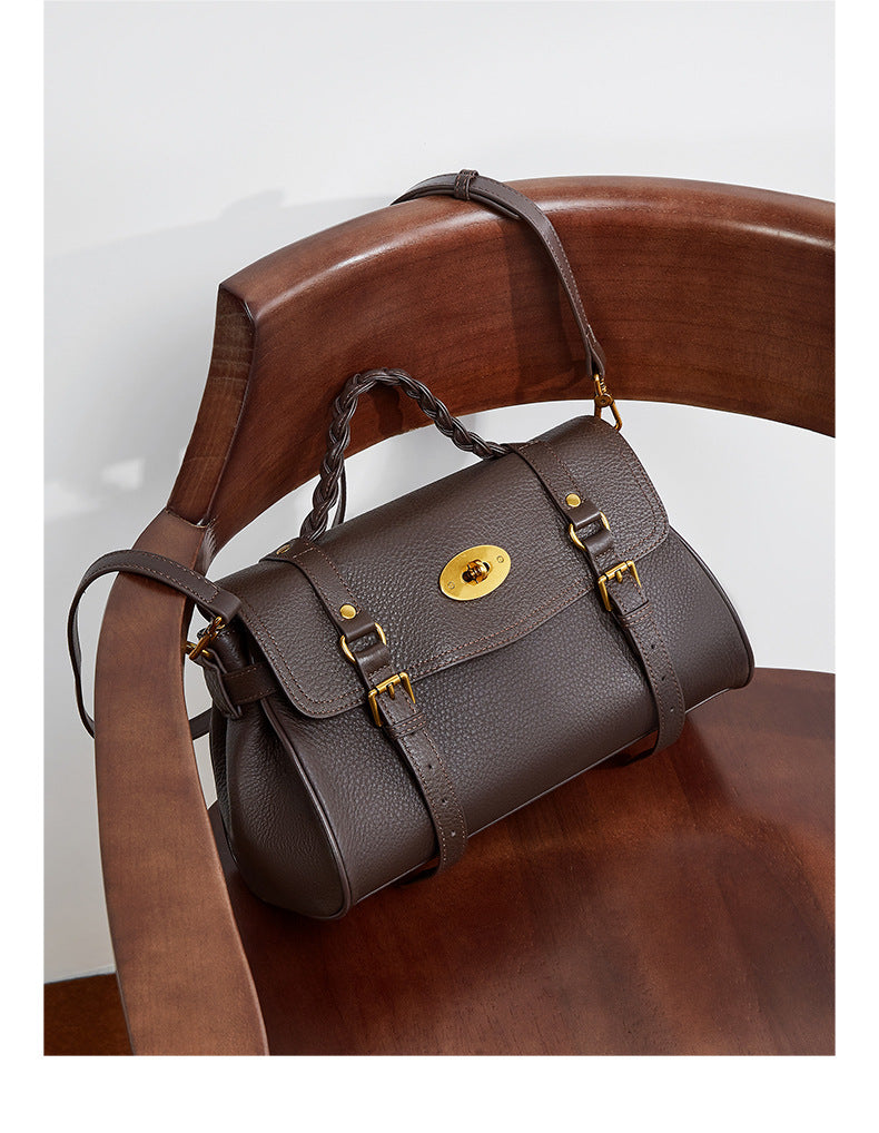 Black Leather Shoulder Bag for Women Braided Handle