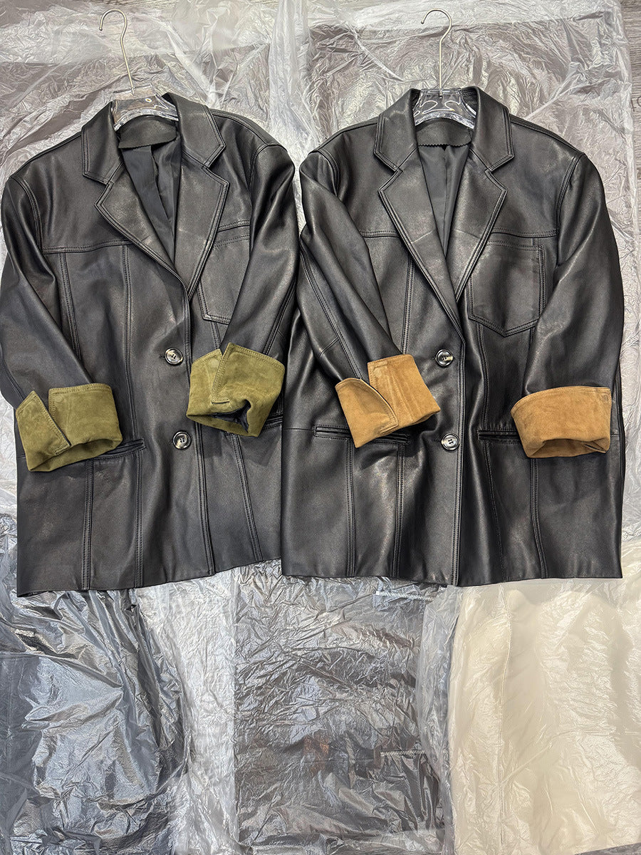 Women Leather Jacket Mid-Length Blazer with Suede Cuffs