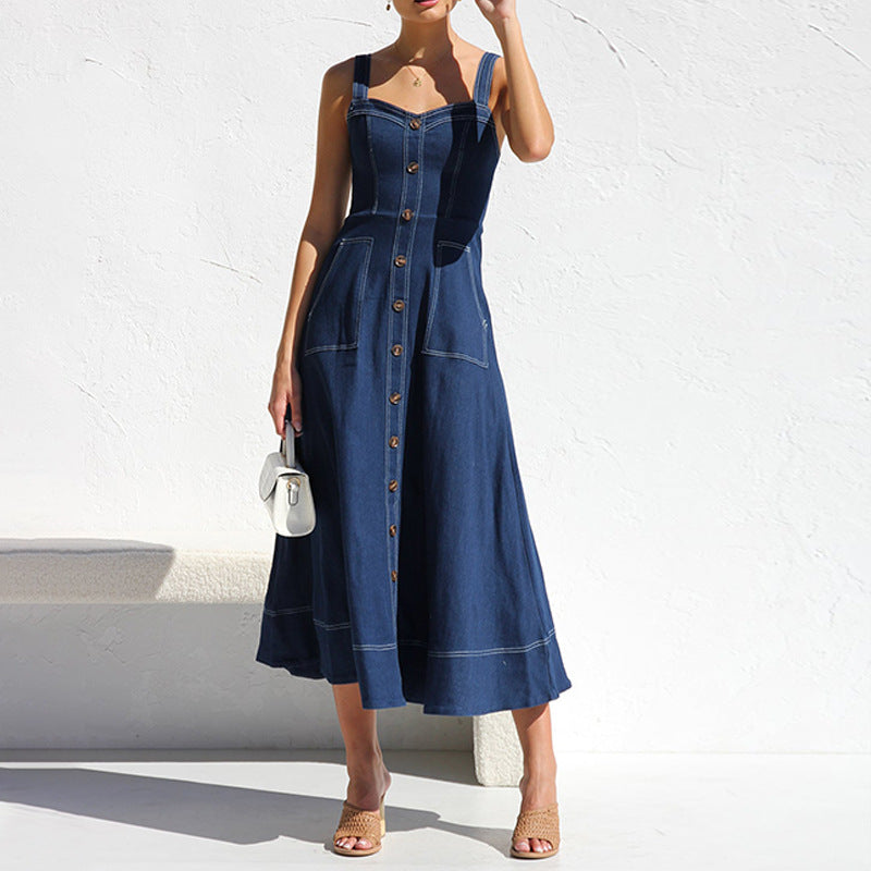 Denim Overall Long Dress with Buttons and Pockets for Women
