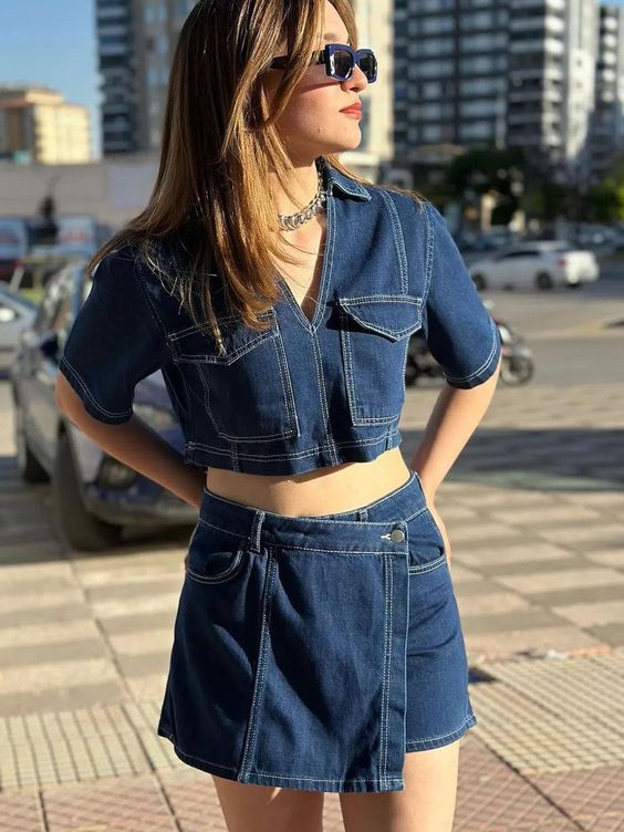 Two Piece Denim Short Set Skirt with Cropped Jean Top