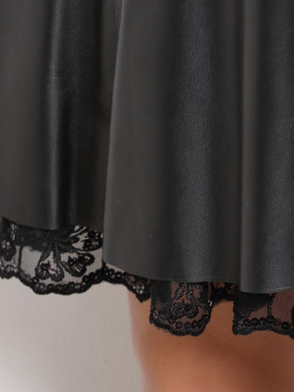Women leather skirt mini in black with lace hemline. Sheepskin A-line fit adds edge and feminine detail to any wardrobe.
