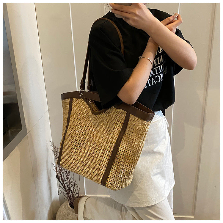 Woven Straw Beach Bag with PU Leather Trim