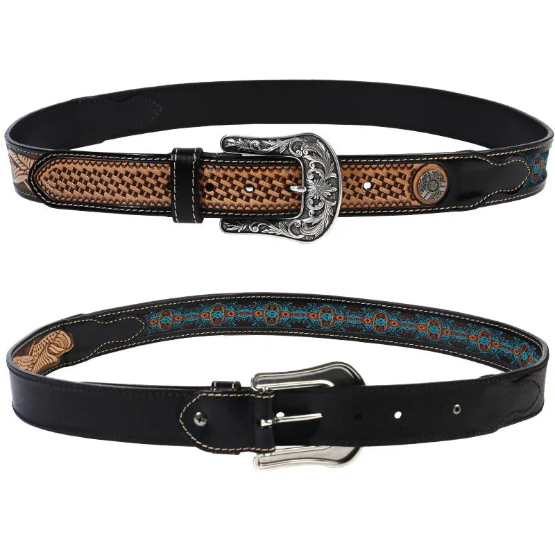Genuine Leather Belt with Retro Carved Buckle and Ethnic Ribbon