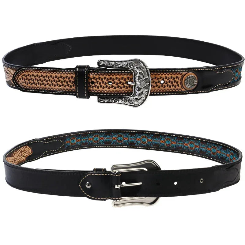 Genuine Leather Belt with Retro Carved Buckle and Ethnic Ribbon