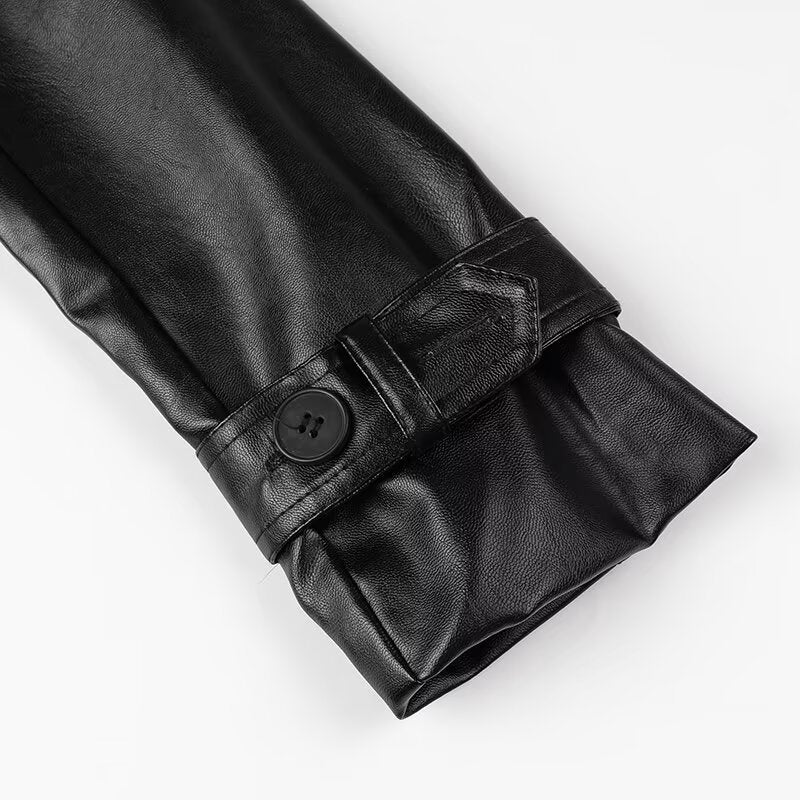 Women’s Faux Leather Belted Trench Coat Long Jacket
