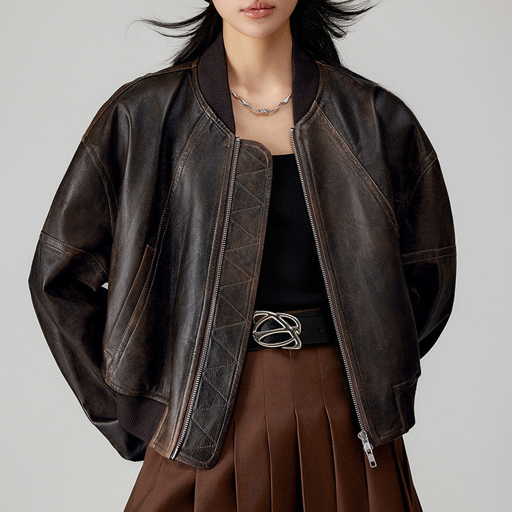 Women’s Genuine Leather Bomber Jacket Retro Baseball Style Coat