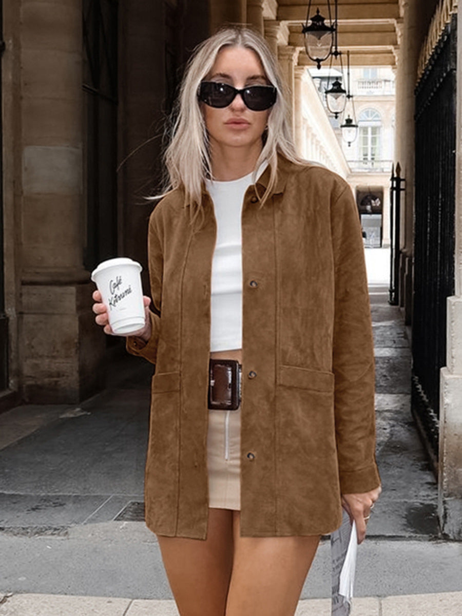 Brown Faux Suede Jacket Women’s Long Sleeve Lapel Coat with Pockets