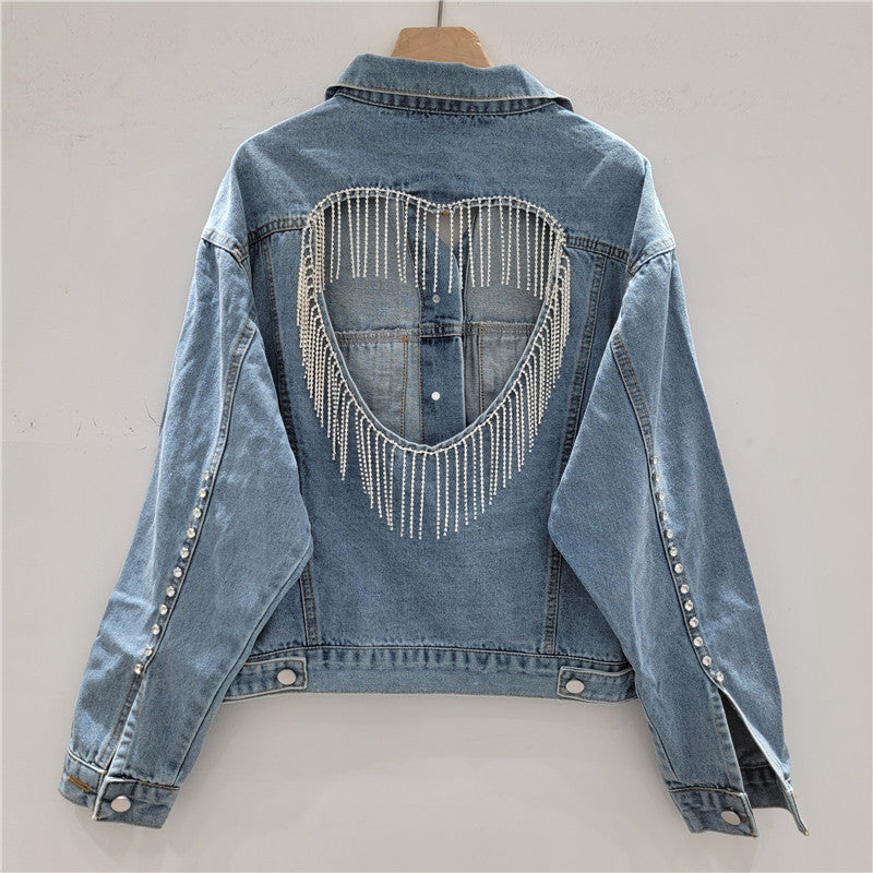 Bride Heart Cutout Denim Jacket with Rhinestone Fringe