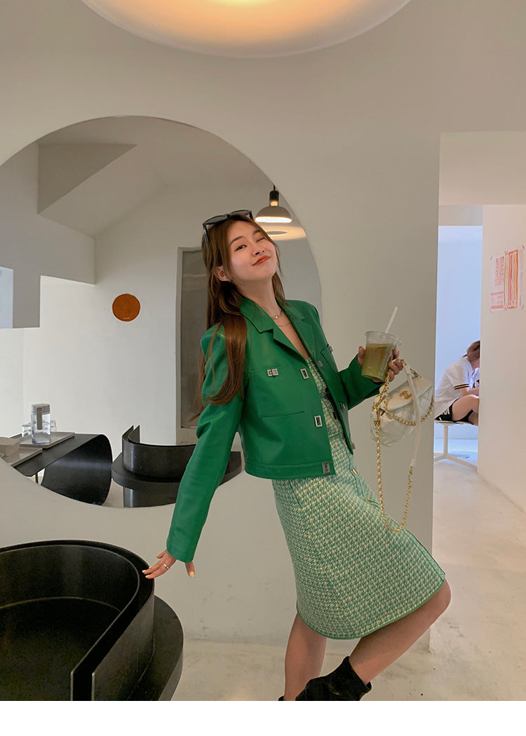 Women Leather Cropped Jacket Green Short Sheepskin Coat