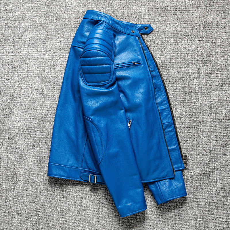 Blue Leather Biker Jacket for Men Slim Fit Motorcycle Style