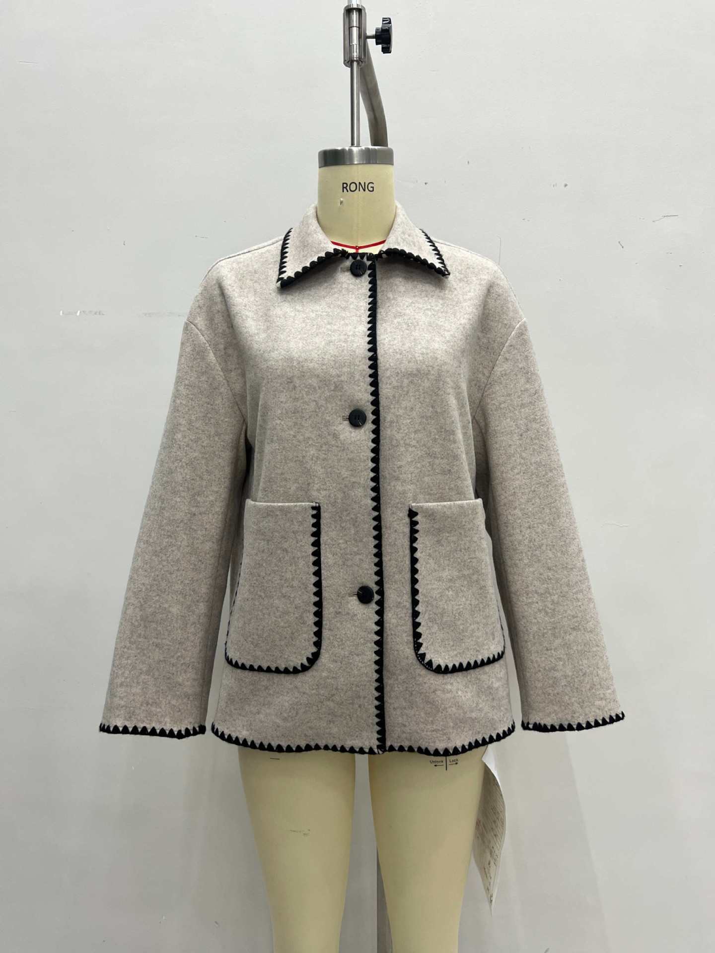 Women’s Wool Blend Contrast Trim Lapel Jacket with Double Pockets