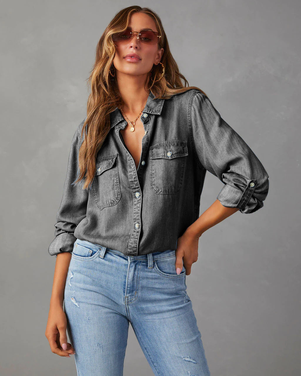 Lightweight Denim Shirt Women Long Sleeve