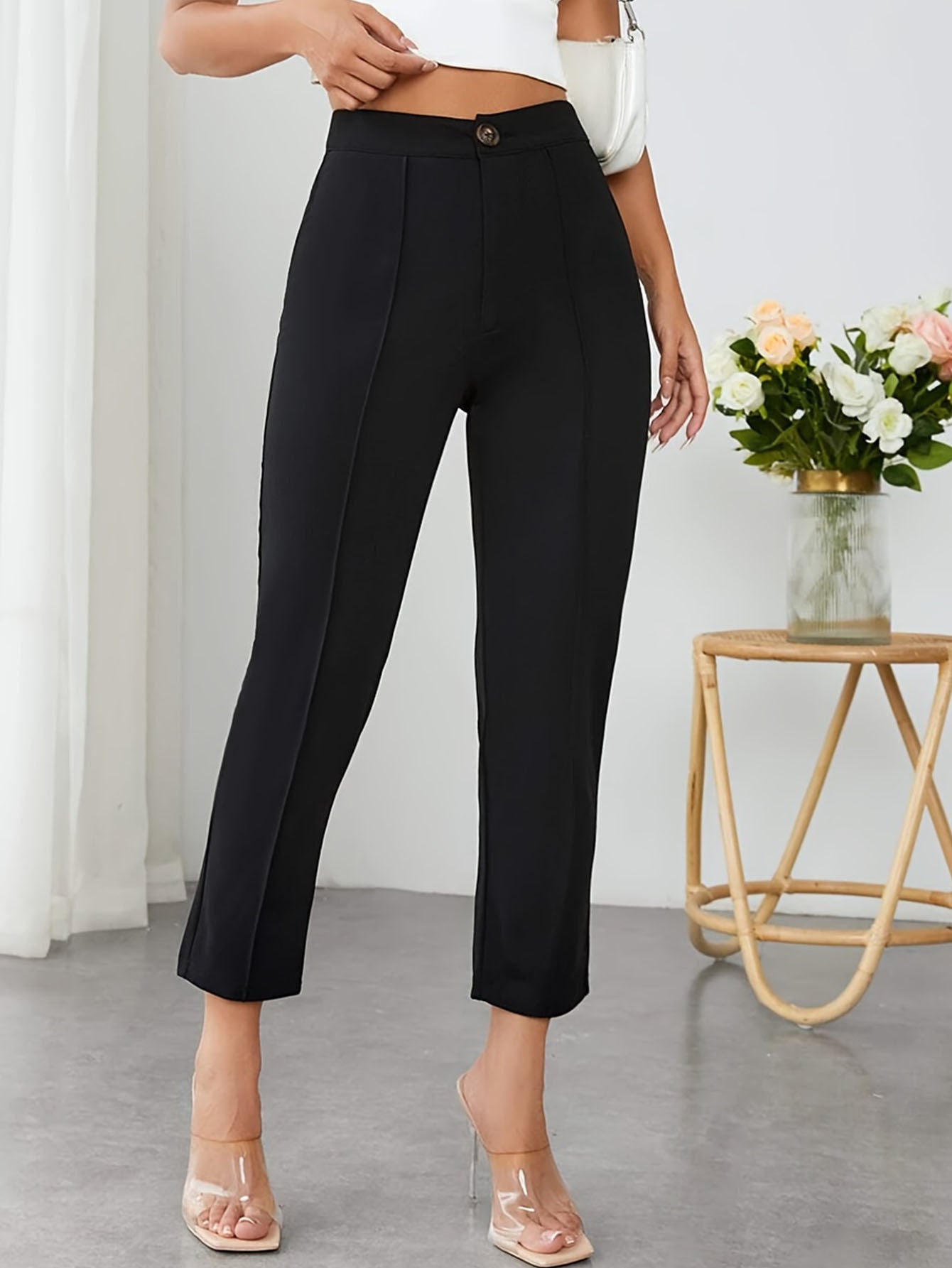 Women High-Waisted Black Trousers Pants