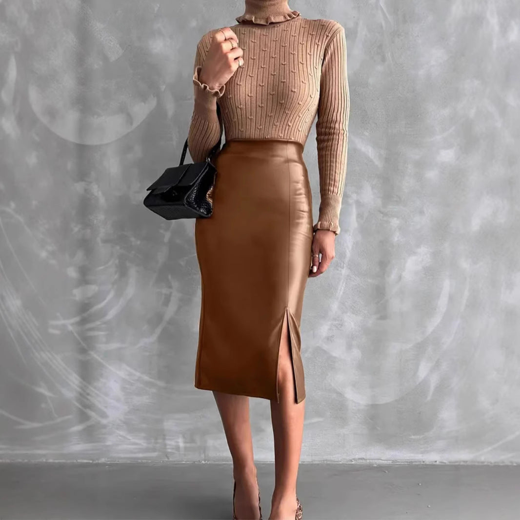 Imitation Leather Brown Long Skirt Slide Slit Hem