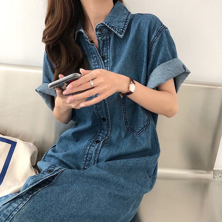Short Sleeve Denim Shirt Dress for Women Loose Jean