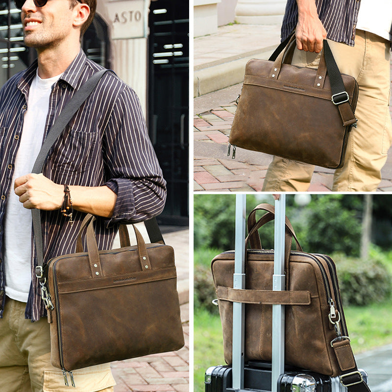 Men Leather Office Briefcase with Trolley Sleeve