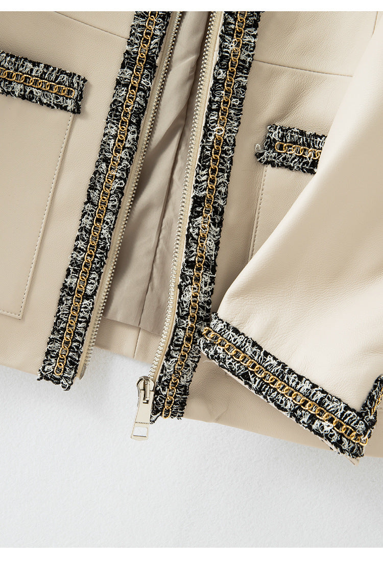 Women’s Leather Jacket with Chain Trim and Tweed Edge