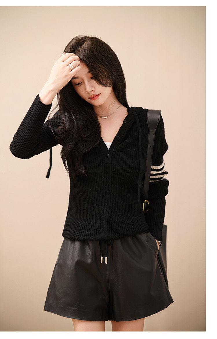 Women’s High Waisted Black Leather Shorts Wide-Leg