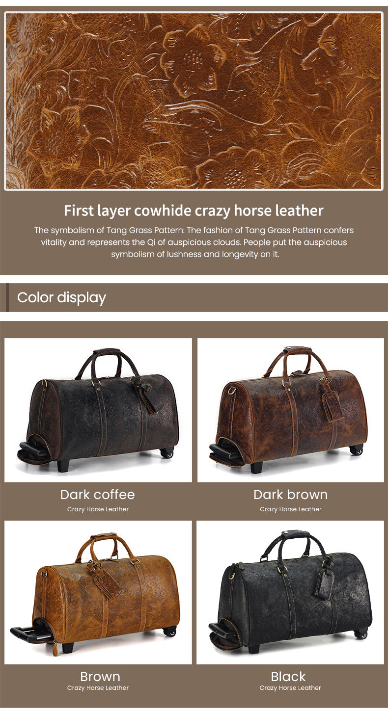 Genuine Leather Trolley Travel Bag Rolling Duffel