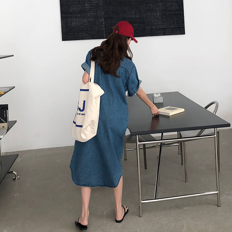 Short Sleeve Denim Shirt Dress for Women Loose Jean