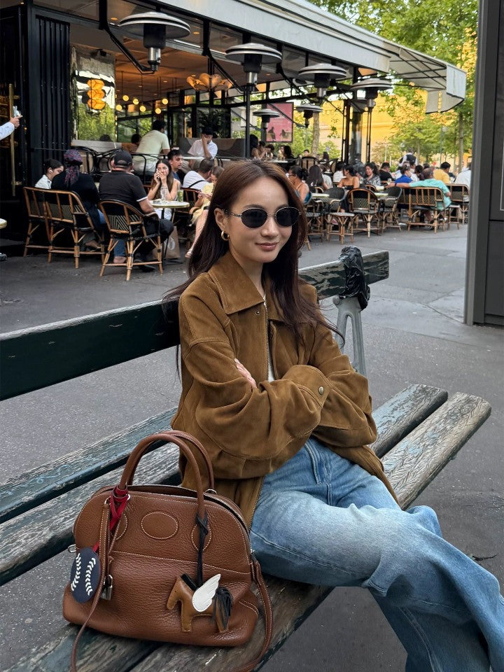 Brown Modern Biker Oversized Suede Jacket Women