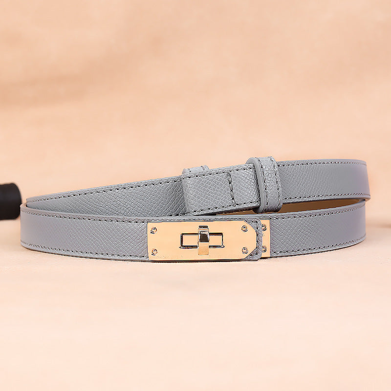 Slim leather belt for women with gold buckle