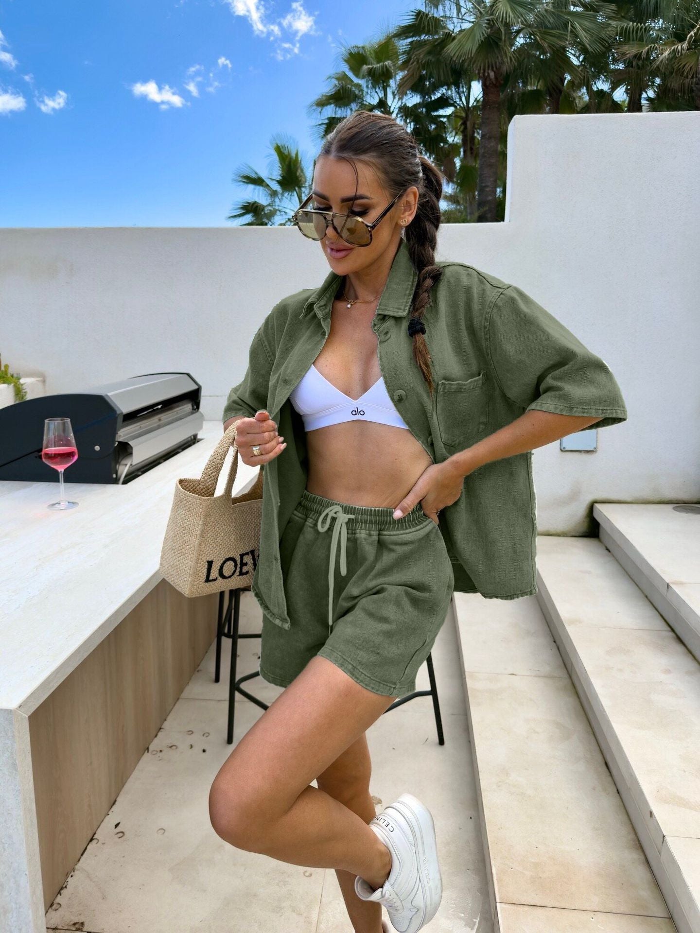 Washed Green Denim Two Piece Set – Button Shirt and Drawstring Shorts