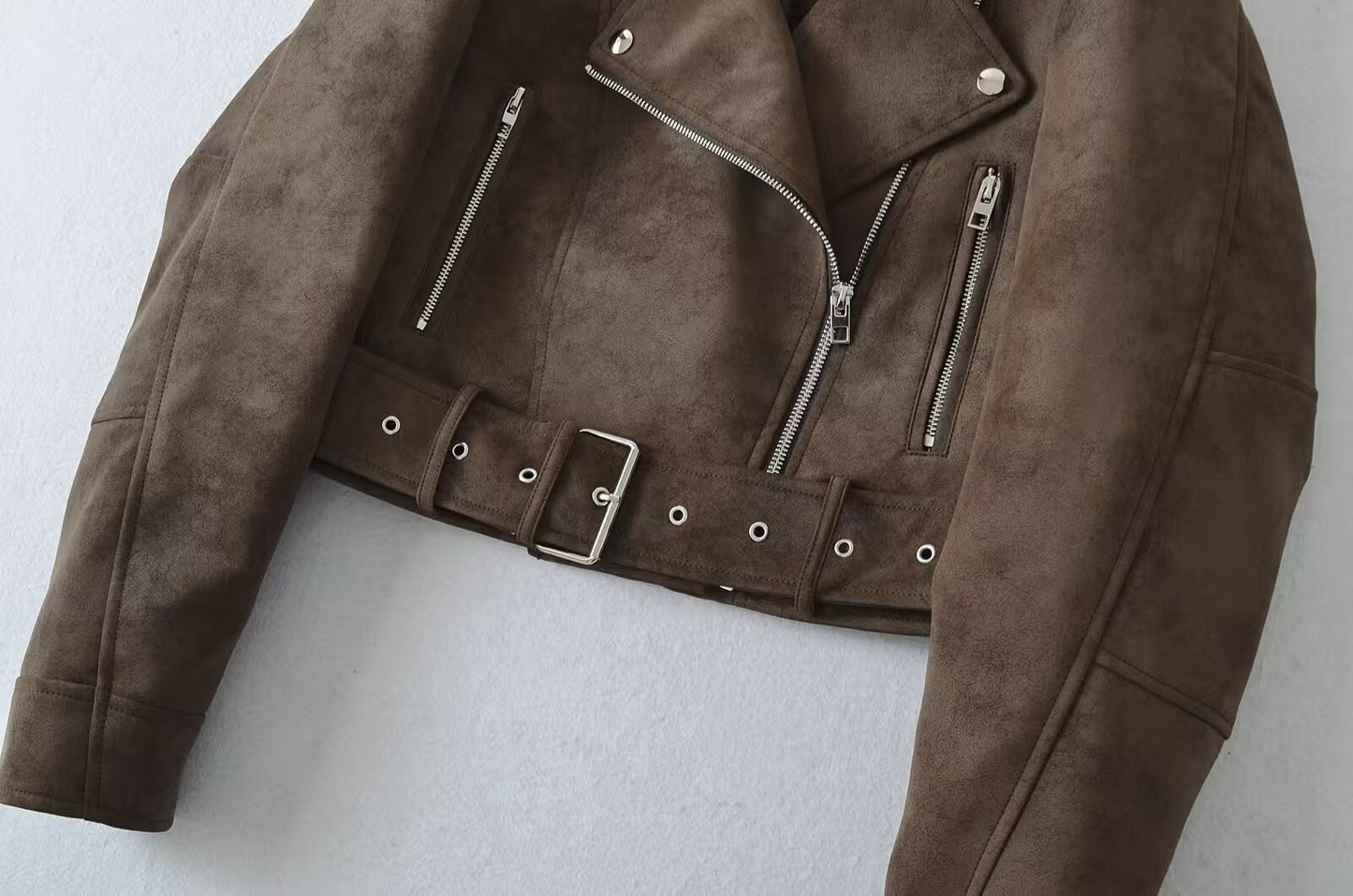 Women Brown Velvet Motorcycle Jacket Cropped Suede