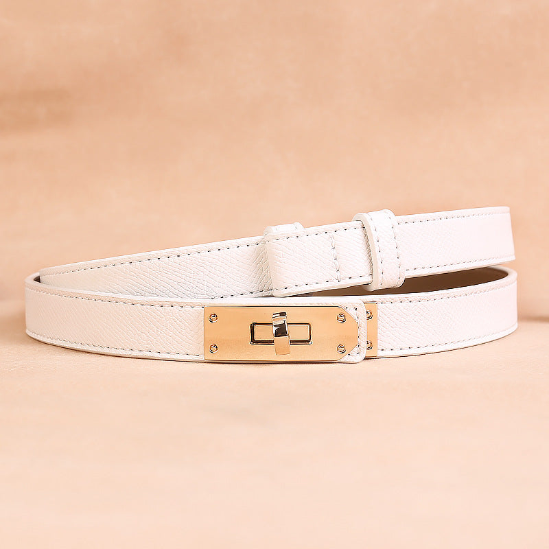 Slim leather belt for women with gold buckle