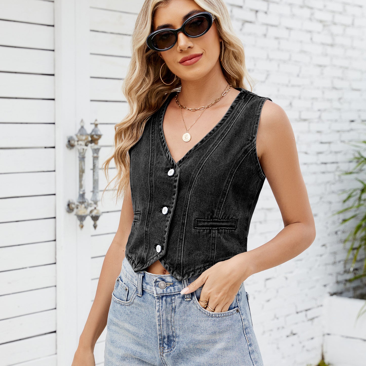 Women's Single Breasted Sleeveless Denim Vest