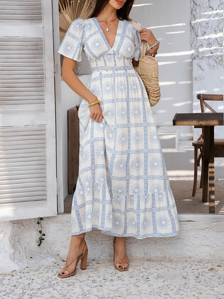 White Floral Maxi Dress With Blue Sun Pattern