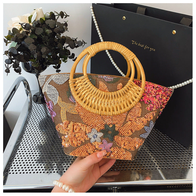 Woven Summer Straw Purse with Bamboo Handle
