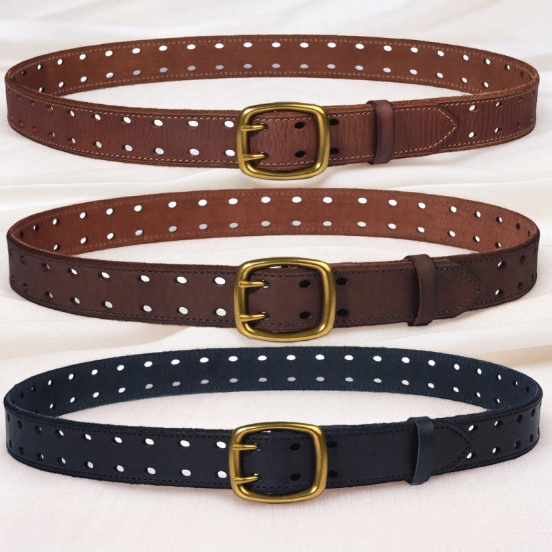 Men’s Genuine Leather Belt with Double Row Holes
