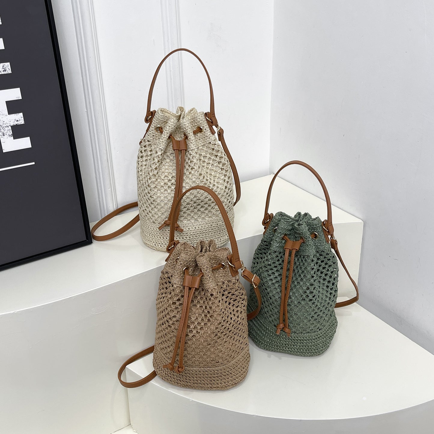 Straw Beach Bucket Bag for Women with Leather Strap