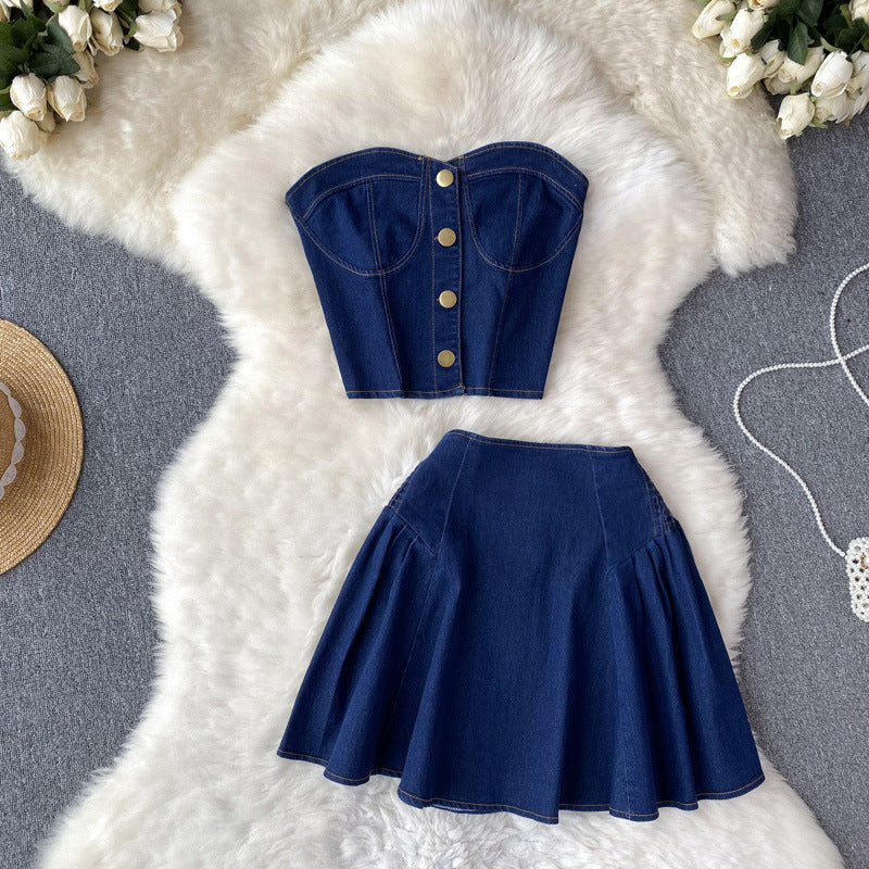 High Waist Denim Two Piece Skirt Set with Bustier Top for Women