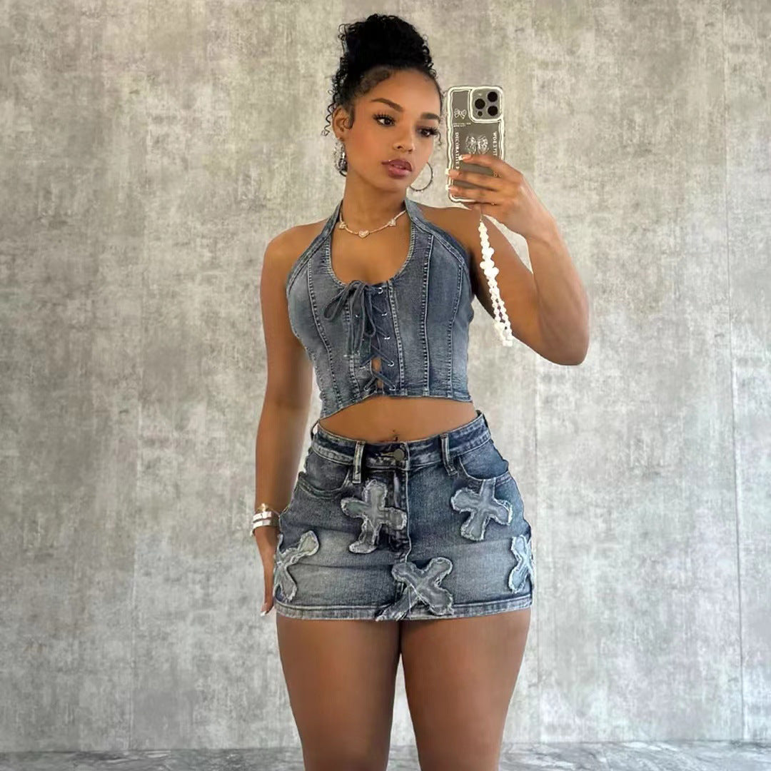 Denim Halter Lace-Up Vest Top for Women