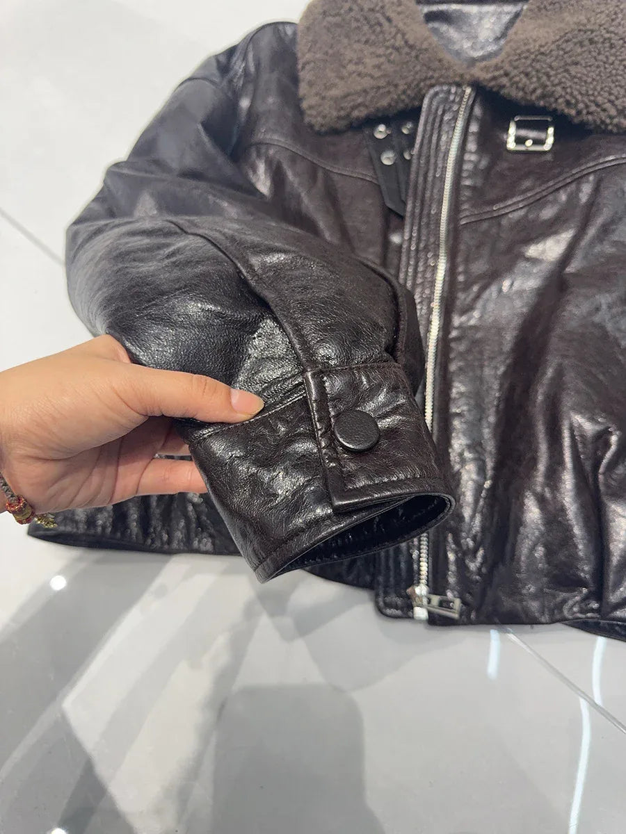 women genuine sheepskin bomber jacket with fur collar