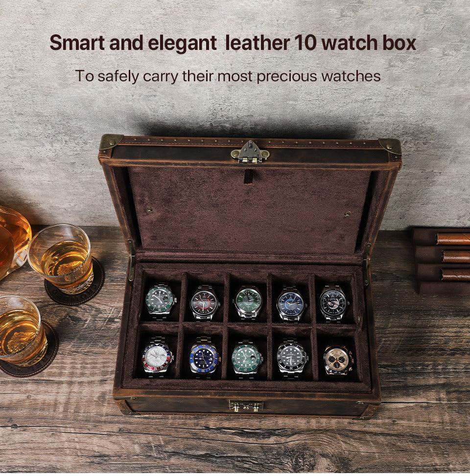 Vintage Leather Watch Box for Men 10 Slot Display Case
