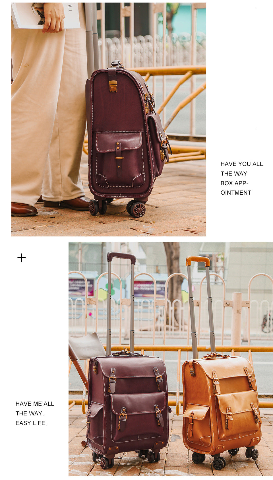 Leather Luggage Trolley Case Carry-On Suitcase with Wheels